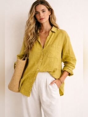 C&C California 100% Linen Button Down Chartreuse Green, M, Coastal, Oversized